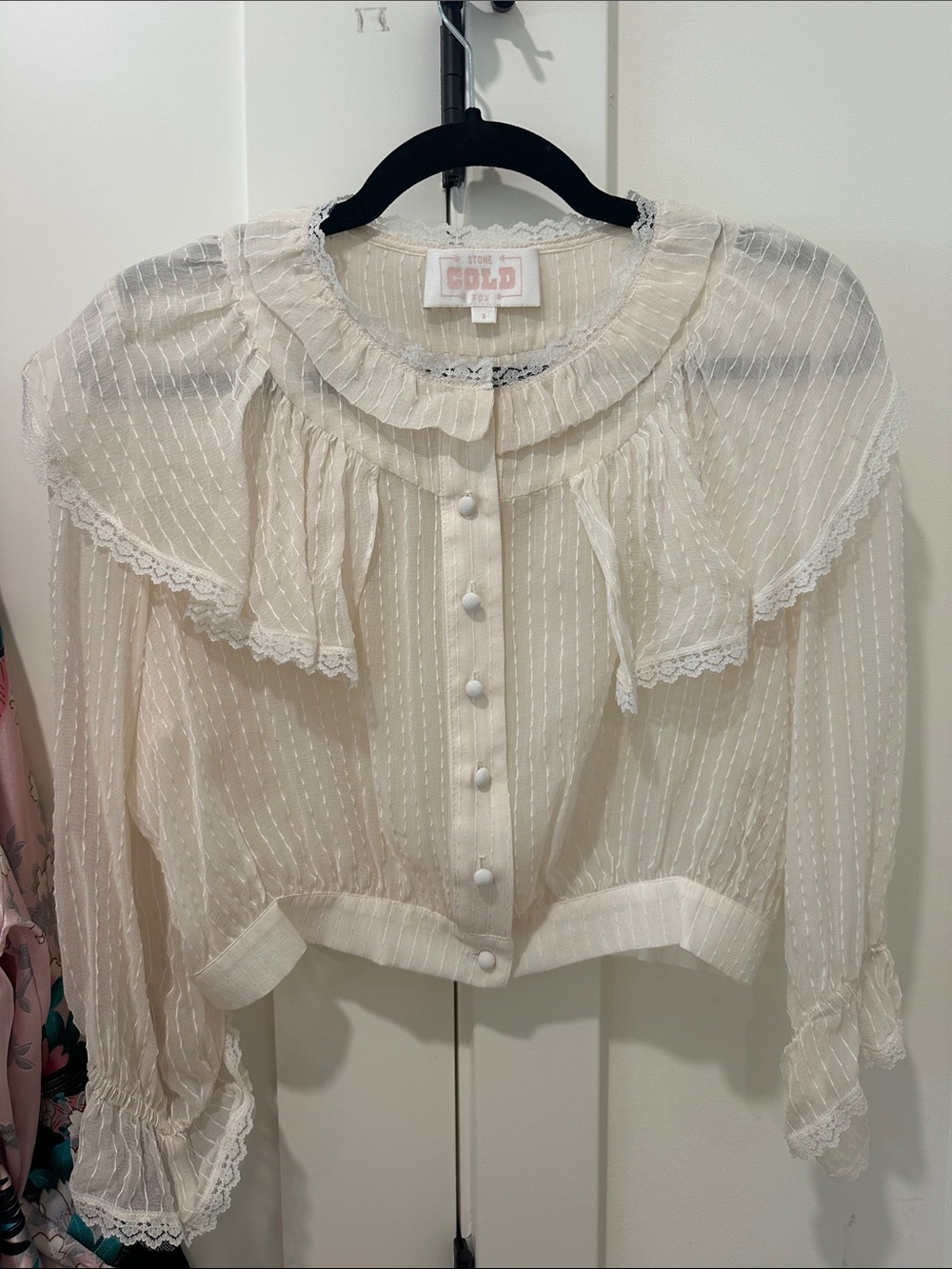 Stone Cold Fox Cream Sheer Ruffle Button-Front Blouse